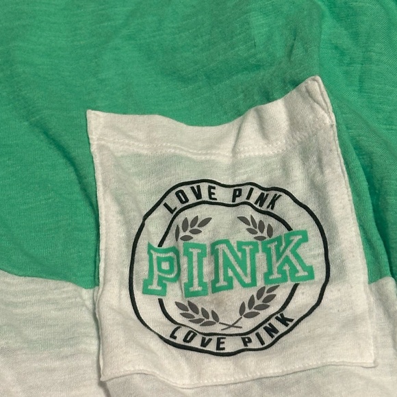 PINK Victoria's Secret Green and White Long Sleeve Colorblock Tee - Picture 3 of 4